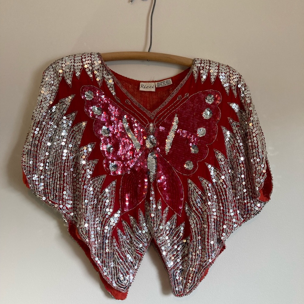 Vintage silk sequin butterfly top